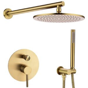 trustmi 12 inch round bathroom luxury rain mixer combo set wall mounted rainfall shower head system brushed gold, (contain faucet rough-in valve body and trim)