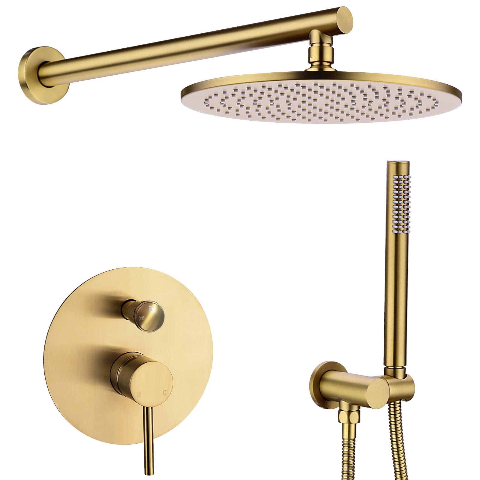 TRUSTMI 12 inch Round Bathroom Luxury Rain Mixer Combo Set Wall Mounted Rainfall Shower Head System Brushed Gold, (Contain Faucet Rough-in Valve Body and Trim)