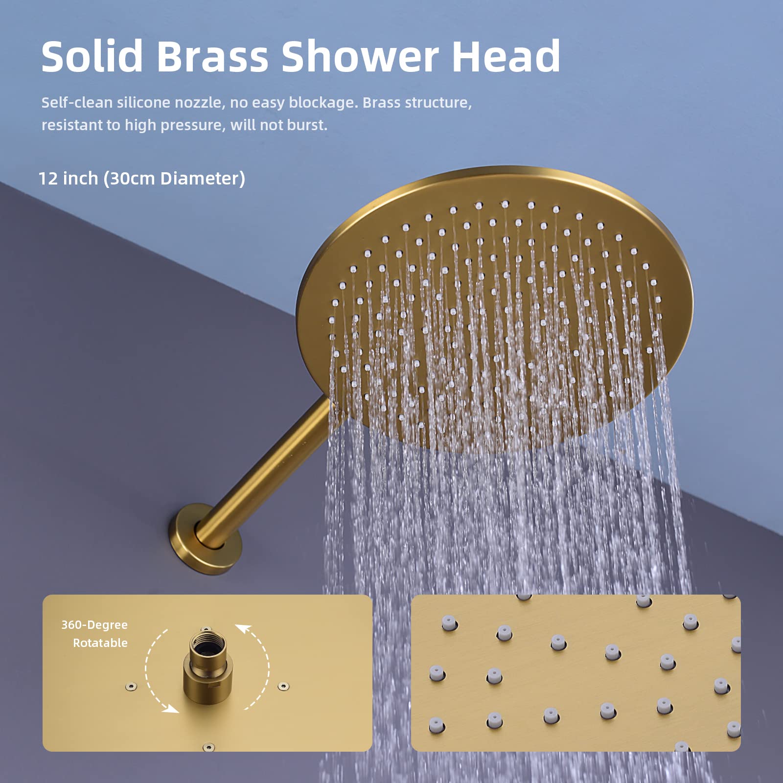 TRUSTMI 12 inch Round Bathroom Luxury Rain Mixer Combo Set Wall Mounted Rainfall Shower Head System Brushed Gold, (Contain Faucet Rough-in Valve Body and Trim)