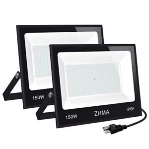 zhma 2 pack 150w led flood lights outdoor, 12000lm super bright work light, ip66 waterproof, 6500k daylight white, outdoor floodlights for backyard,playground,basketball court