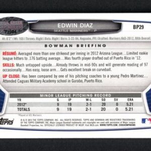 SALE!! Edwin Diaz Autographed 2013 Bowman Prospects Rookie Card #BP29 Seattle Mariners MCS Holo Stock #116569 - Baseball Slabbed Rookie Cards