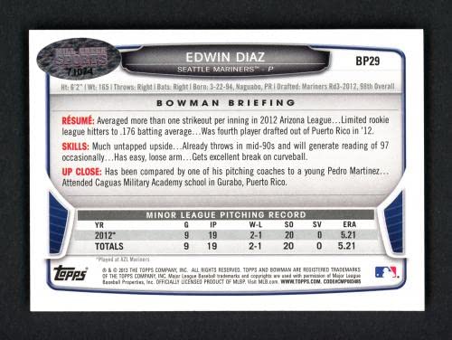 SALE!! Edwin Diaz Autographed 2013 Bowman Prospects Rookie Card #BP29 Seattle Mariners MCS Holo Stock #116569 - Baseball Slabbed Rookie Cards