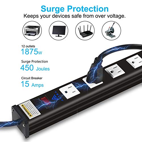 AXTRA 12-Outlet Surge Protector Power Strip, 9-Foot Heavy-Duty Cord, 450 Joules, 15-Amp Circuit Breaker for Home, Office, School, Garage, Workshop, Commercial and Industrial Environments [ETL Listed]