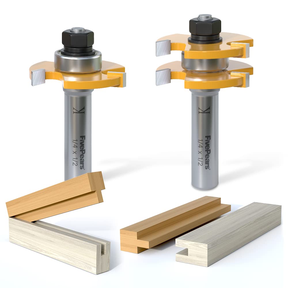 FivePears Tongue and Groove Router Bit Set with 1/2" Shank,T Shape 3 Teeth Wood Milling Cutter Woodworking Tool(2pcs)