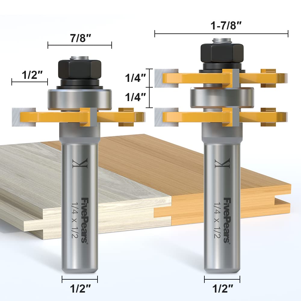 FivePears Tongue and Groove Router Bit Set with 1/2" Shank,T Shape 3 Teeth Wood Milling Cutter Woodworking Tool(2pcs)