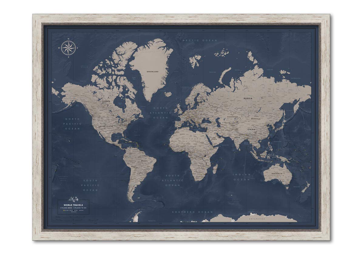 Framed Travel Map With Pins World Personalized | Premium Push Pin Travel Map | Various Color and Size Options | 24" x 32" up to 40" x 53"