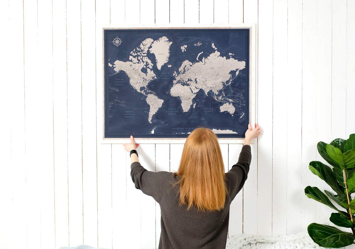 Framed Travel Map With Pins World Personalized | Premium Push Pin Travel Map | Various Color and Size Options | 24" x 32" up to 40" x 53"