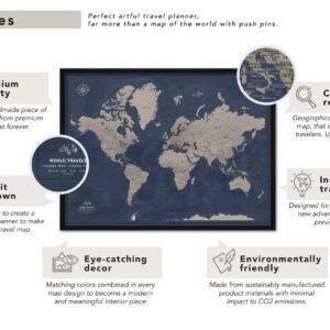 Framed Travel Map With Pins World Personalized | Premium Push Pin Travel Map | Various Color and Size Options | 24" x 32" up to 40" x 53"