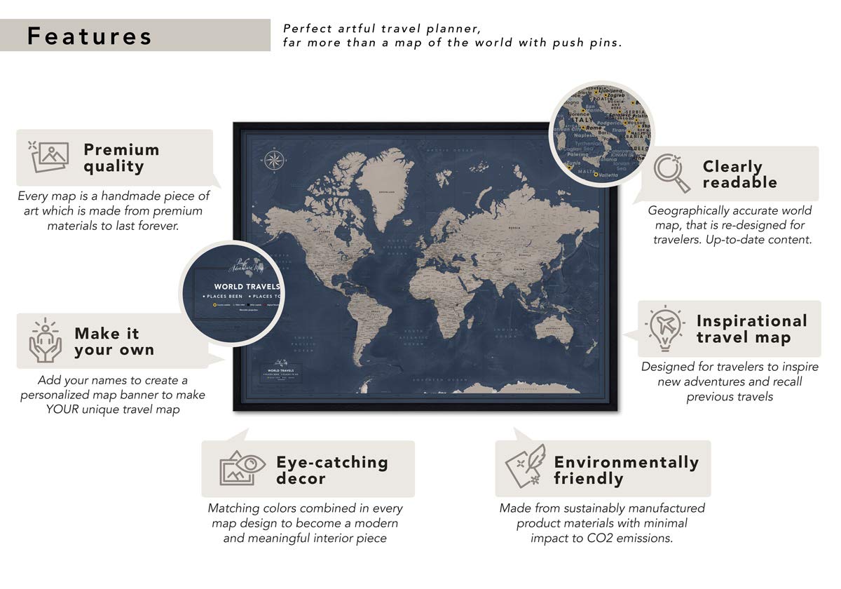 Framed Travel Map With Pins World Personalized | Premium Push Pin Travel Map | Various Color and Size Options | 24" x 32" up to 40" x 53"