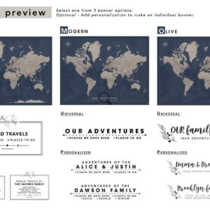 Framed Travel Map With Pins World Personalized | Premium Push Pin Travel Map | Various Color and Size Options | 24" x 32" up to 40" x 53"