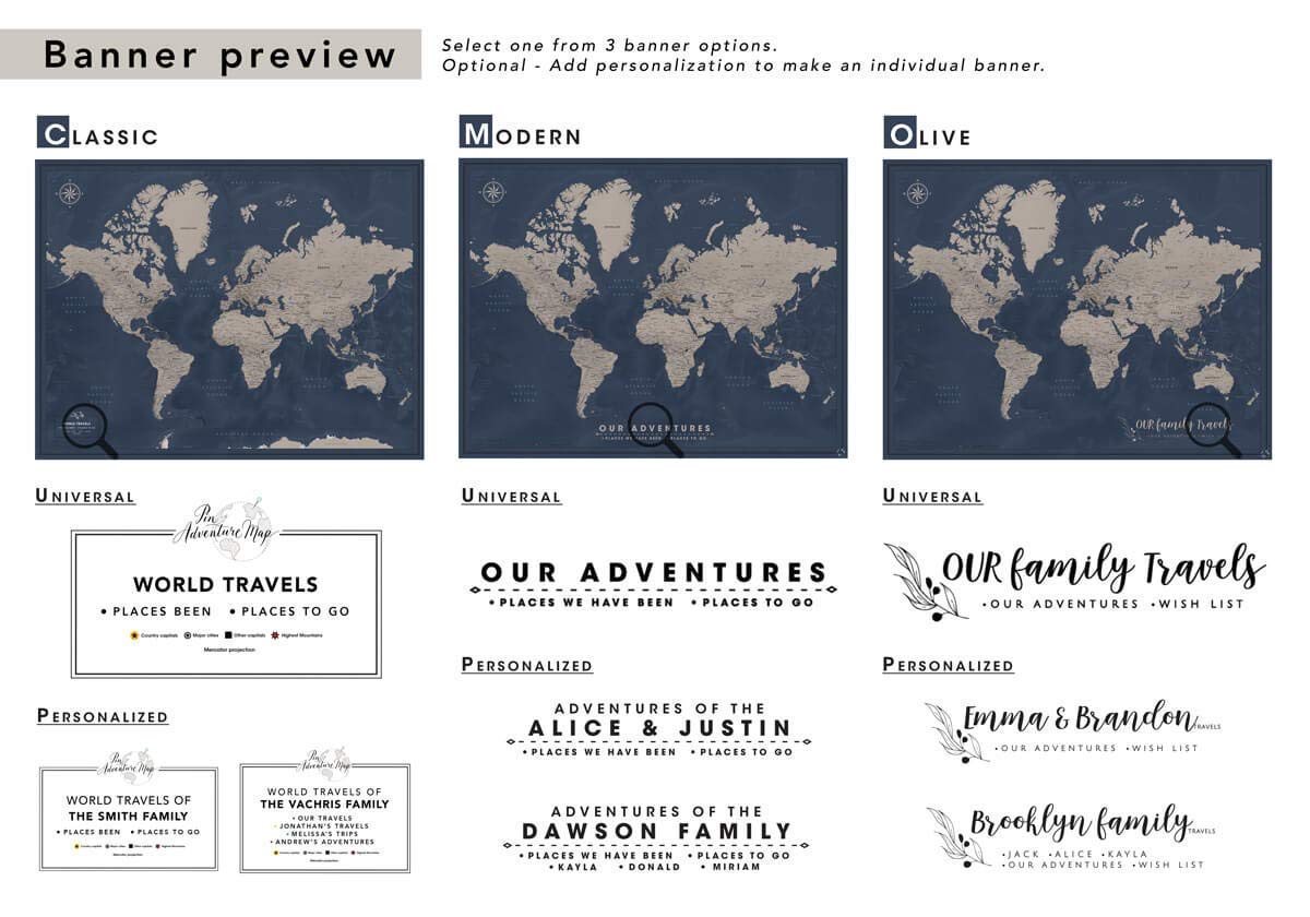 Framed Travel Map With Pins World Personalized | Premium Push Pin Travel Map | Various Color and Size Options | 24" x 32" up to 40" x 53"