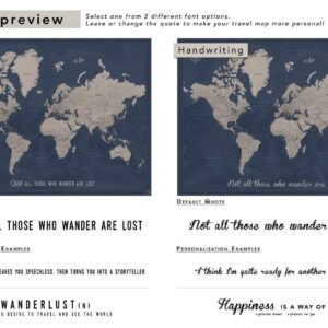 Framed Travel Map With Pins World Personalized | Premium Push Pin Travel Map | Various Color and Size Options | 24" x 32" up to 40" x 53"