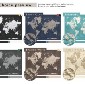 Framed Travel Map With Pins World Personalized | Premium Push Pin Travel Map | Various Color and Size Options | 24" x 32" up to 40" x 53"