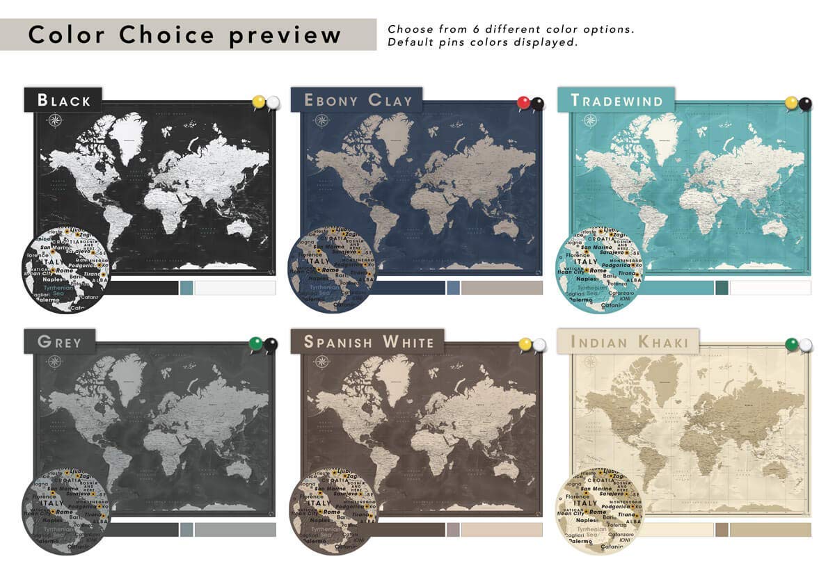 Framed Travel Map With Pins World Personalized | Premium Push Pin Travel Map | Various Color and Size Options | 24" x 32" up to 40" x 53"