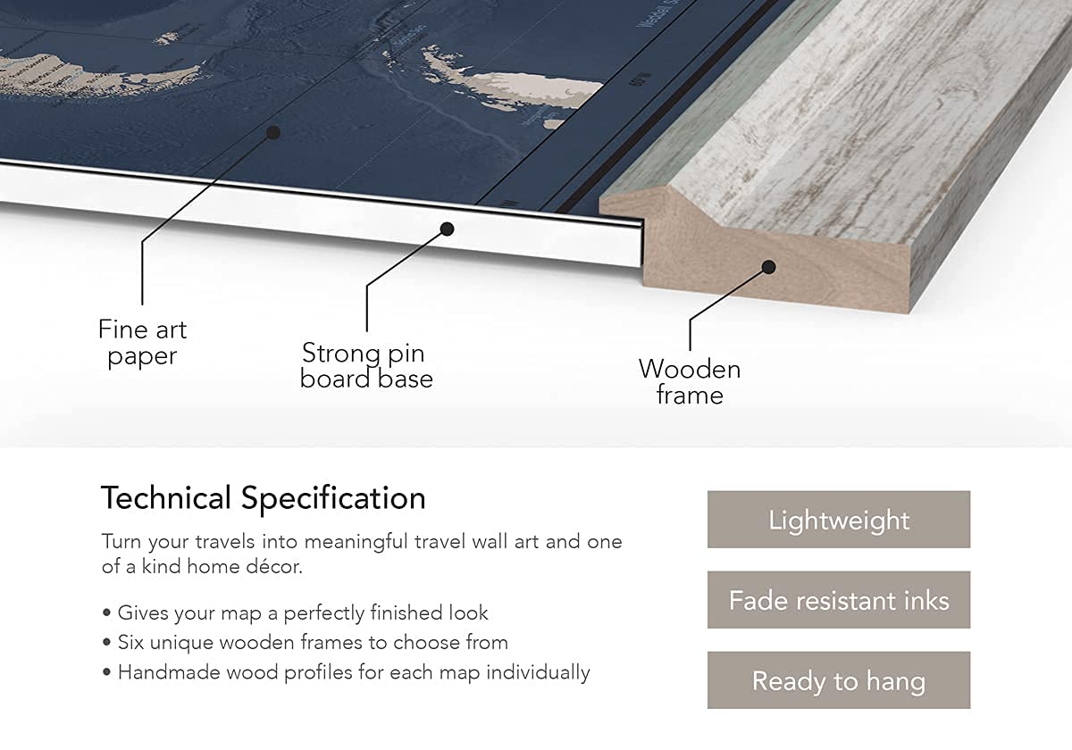 Framed Travel Map With Pins World Personalized | Premium Push Pin Travel Map | Various Color and Size Options | 24" x 32" up to 40" x 53"