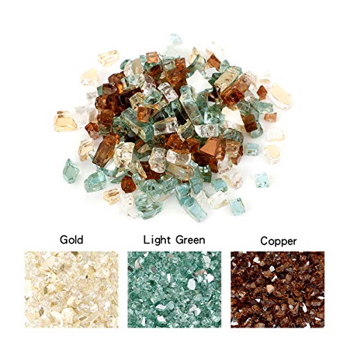 Skyflame 10-Pound Blended Fire Glass for Fire Pit Fireplace Landscaping - 1/4 Inch Reflective Tempered Fireglass Gold, Light Green, Copper