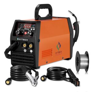 hitbox 140a mig welder gasless, 110v/220v dual voltage flux core welder flux mig/lift tig/stick 3 in 1 synergy mig welding machine with torch clamp and 0.8mm flux wire