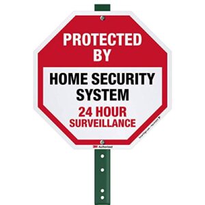 smartsign 10 x 10 inch “protected by home security system - 24 hour surveillance” yard sign with 3 foot stake, 40 mil aluminum 3m laminated engineer grade reflective, red, black and white, set of 1
