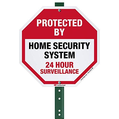 SmartSign 10 x 10 inch “Protected By Home Security System - 24 Hour Surveillance” Yard Sign with 3 foot Stake, 40 mil Aluminum 3M Laminated Engineer Grade Reflective, Red, Black and White, Set of 1