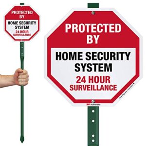 SmartSign 10 x 10 inch “Protected By Home Security System - 24 Hour Surveillance” Yard Sign with 3 foot Stake, 40 mil Aluminum 3M Laminated Engineer Grade Reflective, Red, Black and White, Set of 1