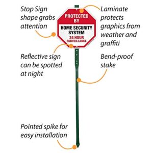 SmartSign 10 x 10 inch “Protected By Home Security System - 24 Hour Surveillance” Yard Sign with 3 foot Stake, 40 mil Aluminum 3M Laminated Engineer Grade Reflective, Red, Black and White, Set of 1