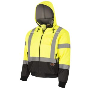 pioneer high vis safety bomber jacket for men – waterproof reflective rain gear – class 3 – detachable hood – yellow/black