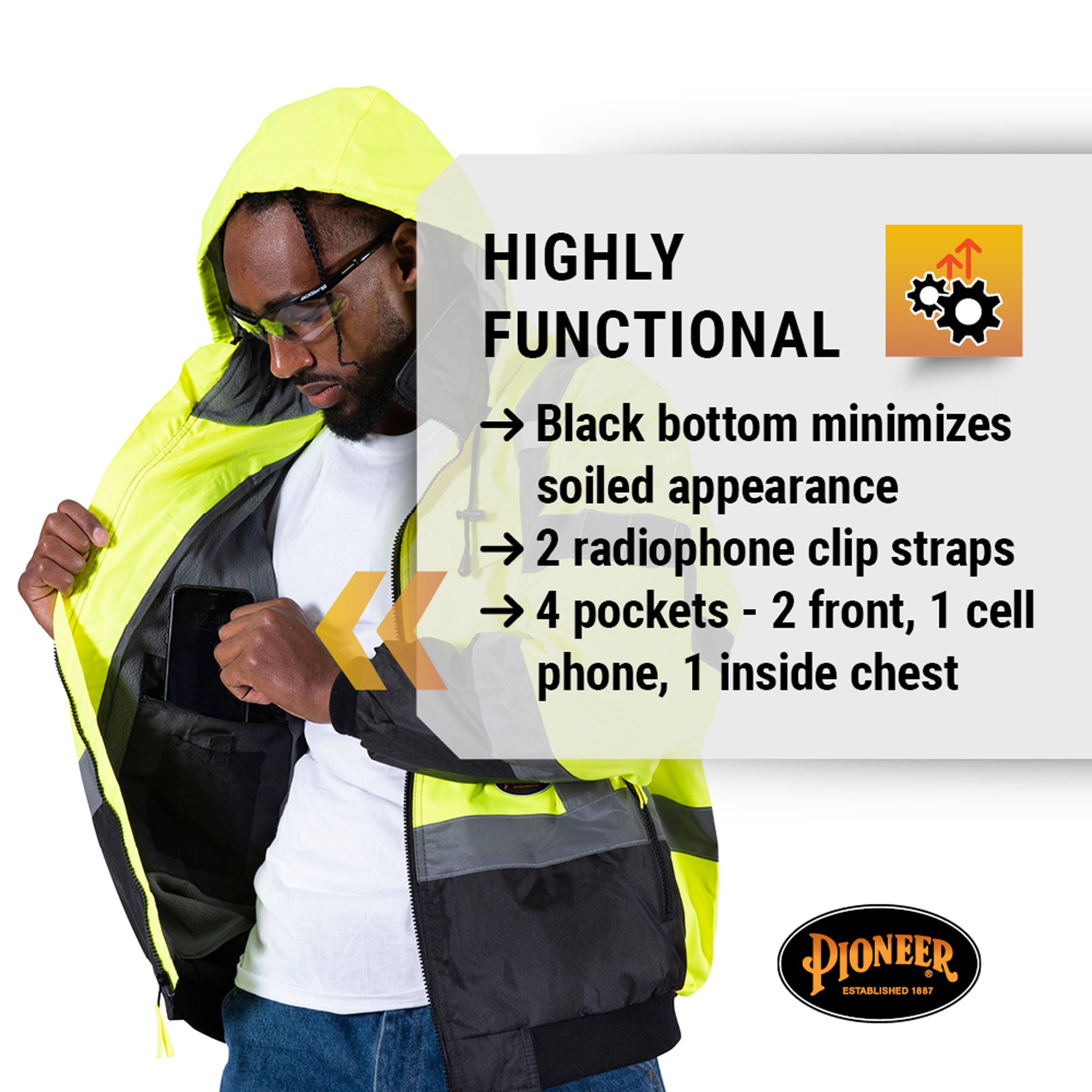 Pioneer High Vis Safety Bomber Jacket For Men – Waterproof Reflective Rain Gear – Class 3 – Detachable Hood – Yellow/Black