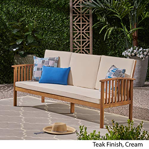 Christopher Knight Home Breenda Outdoor Acacia Wood Sofa with Cushions, Teak Finish, Cream