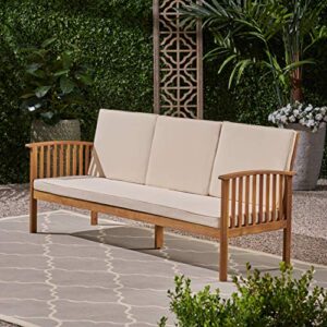 Christopher Knight Home Breenda Outdoor Acacia Wood Sofa with Cushions, Teak Finish, Cream