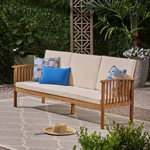 Christopher Knight Home Breenda Outdoor Acacia Wood Sofa with Cushions, Teak Finish, Cream