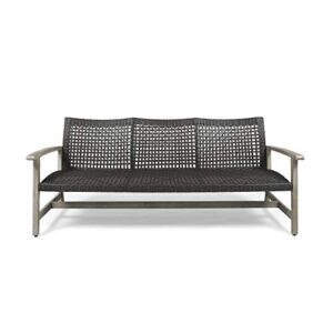 great deal furniture marcia outdoor wood and wicker sofa, light gray finish with mix black wicker