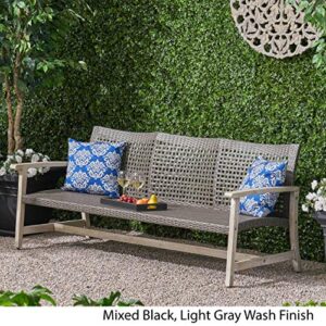 Great Deal Furniture Marcia Outdoor Wood and Wicker Sofa, Light Gray Finish with Mix Black Wicker