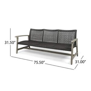 Great Deal Furniture Marcia Outdoor Wood and Wicker Sofa, Light Gray Finish with Mix Black Wicker