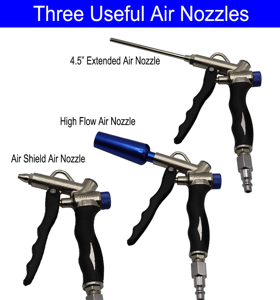 YOTOO 2-Way Air Blow Gun kit with Adjustable Air Flow, Extended Nozzle, High Flow Nozzle and 1/4" NPT Female Quick Plug