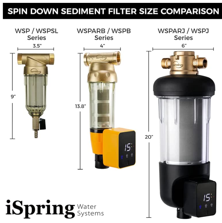 iSpring WSP-50 Reusable Whole House Spin Down Sediment Water Filter 50 Micron, 1" MNPT + 3/4" FNPT w/Push to Connect Fittings