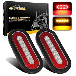 partsam 2 pcs 6" inch oval truck trailer led tail stop brake lights taillights running red and amber parking turn signal lights, sealed 6 inch oval led trailer tail lights w reflectors flush mount