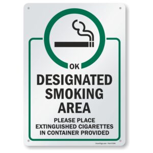 smartsign 14 x 10 inch “designated smoking area - place extinguished cigarettes in container provided” metal sign, 40 mil laminated rustproof aluminum, green, black and white