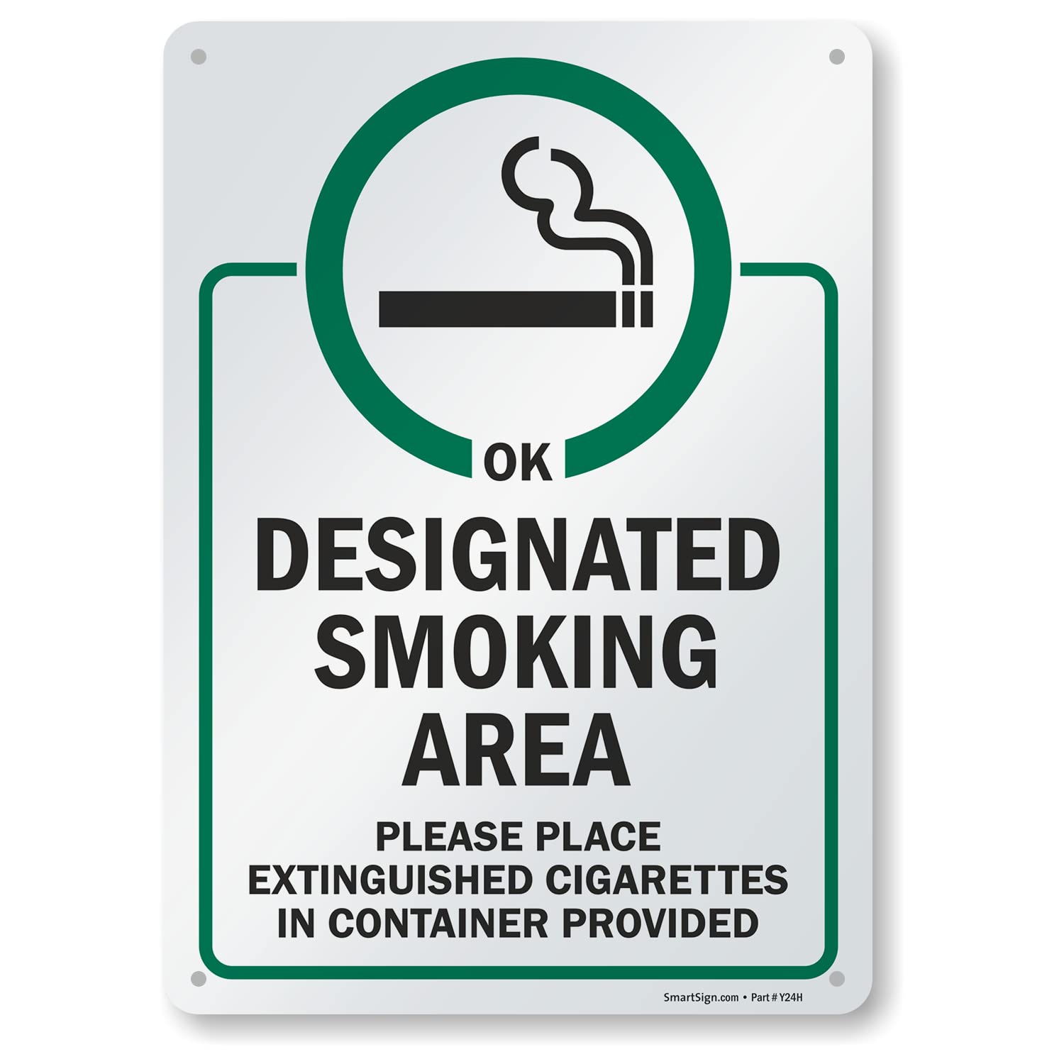 SmartSign 14 x 10 inch “Designated Smoking Area - Place Extinguished Cigarettes In Container Provided” Metal Sign, 40 mil Laminated Rustproof Aluminum, Green, Black and White