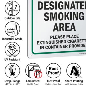 SmartSign 14 x 10 inch “Designated Smoking Area - Place Extinguished Cigarettes In Container Provided” Metal Sign, 40 mil Laminated Rustproof Aluminum, Green, Black and White