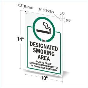 SmartSign 14 x 10 inch “Designated Smoking Area - Place Extinguished Cigarettes In Container Provided” Metal Sign, 40 mil Laminated Rustproof Aluminum, Green, Black and White