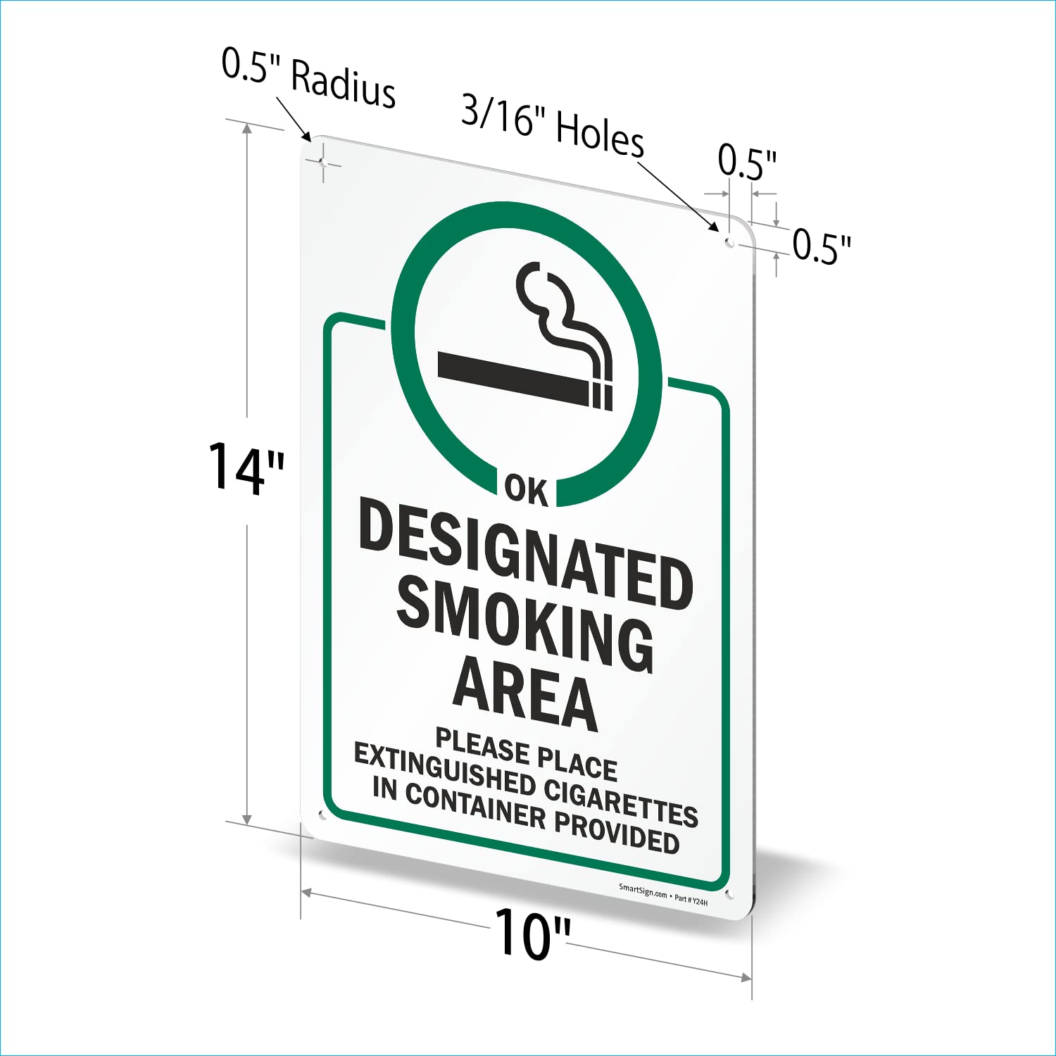 SmartSign 14 x 10 inch “Designated Smoking Area - Place Extinguished Cigarettes In Container Provided” Metal Sign, 40 mil Laminated Rustproof Aluminum, Green, Black and White