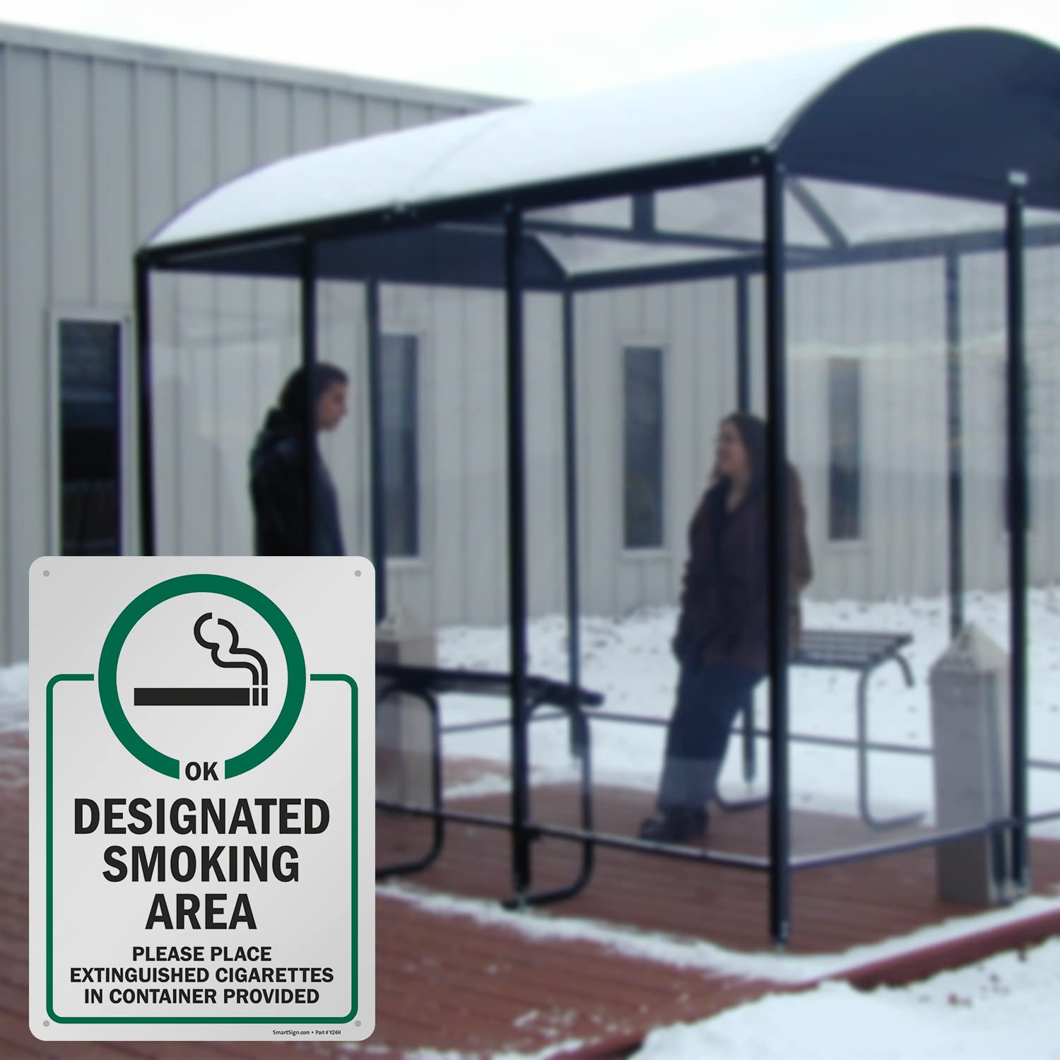 SmartSign 14 x 10 inch “Designated Smoking Area - Place Extinguished Cigarettes In Container Provided” Metal Sign, 40 mil Laminated Rustproof Aluminum, Green, Black and White