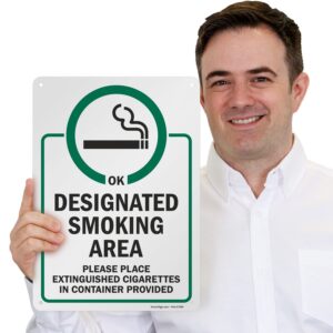 SmartSign 14 x 10 inch “Designated Smoking Area - Place Extinguished Cigarettes In Container Provided” Metal Sign, 40 mil Laminated Rustproof Aluminum, Green, Black and White