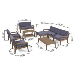 Great Deal Furniture Sally 7-Seater Sectional Sofa Set for Patio with Loveseat, Club Chairs, Ottoman, and Coffee Tables, Acacia Wood, Gray Finish with Dark Gray Outdoor Cushions