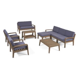 great deal furniture sally 7-seater sectional sofa set for patio with loveseat, club chairs, ottoman, and coffee tables, acacia wood, gray finish with dark gray outdoor cushions