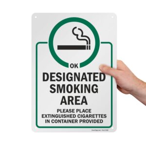 SmartSign 14 x 10 inch “Designated Smoking Area - Place Extinguished Cigarettes In Container Provided” Metal Sign, 40 mil Laminated Rustproof Aluminum, Green, Black and White