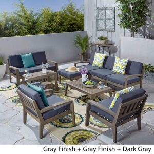 Great Deal Furniture Sally 7-Seater Sectional Sofa Set for Patio with Loveseat, Club Chairs, Ottoman, and Coffee Tables, Acacia Wood, Gray Finish with Dark Gray Outdoor Cushions