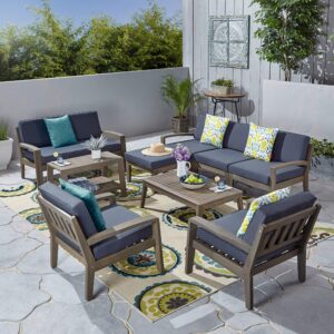 Great Deal Furniture Sally 7-Seater Sectional Sofa Set for Patio with Loveseat, Club Chairs, Ottoman, and Coffee Tables, Acacia Wood, Gray Finish with Dark Gray Outdoor Cushions