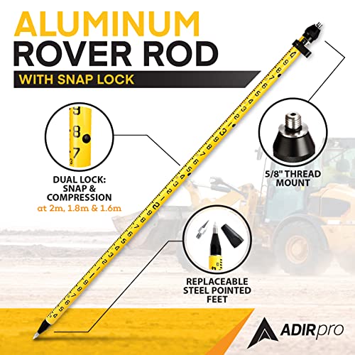 AdirPro 3-Position Snap-Lock Rover Rod – 2m Aluminum GPS Pole – 1 Piece Design with Outer GT Graduations for Land Surveying & Engineering - RTK GPS/GNSS Accessory (Yellow)