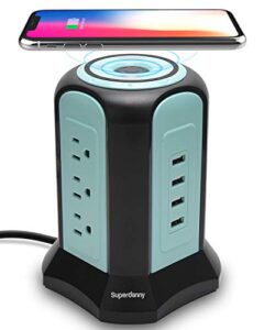 power strip tower wireless charger, superdanny surge protector tower, 10a 1080j charger station with 9 outlets & 4 usb ports, extension cord 10ft for laptop phone black and blue